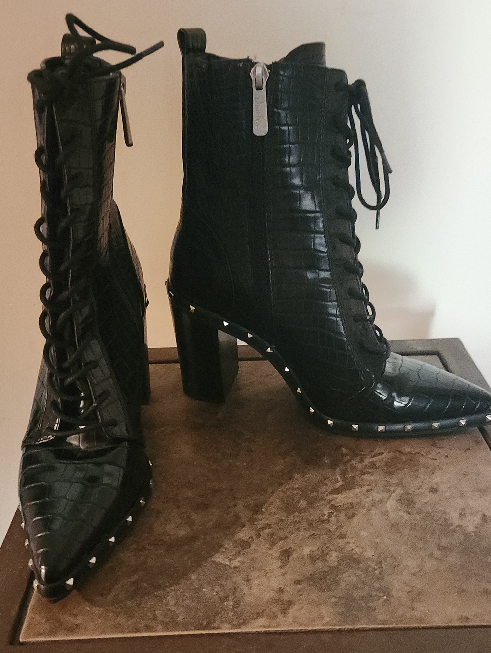 Charles by Charles David Black Croc-Embossed Lace-Up Block Heel Ankle Boots